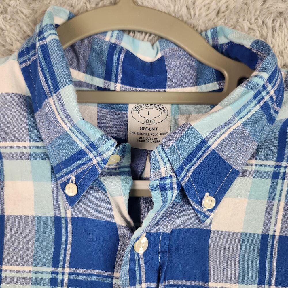 Brooks Brothers Regent Shirt Mens Large Blue Plaid Cotton Button Short Sleeve